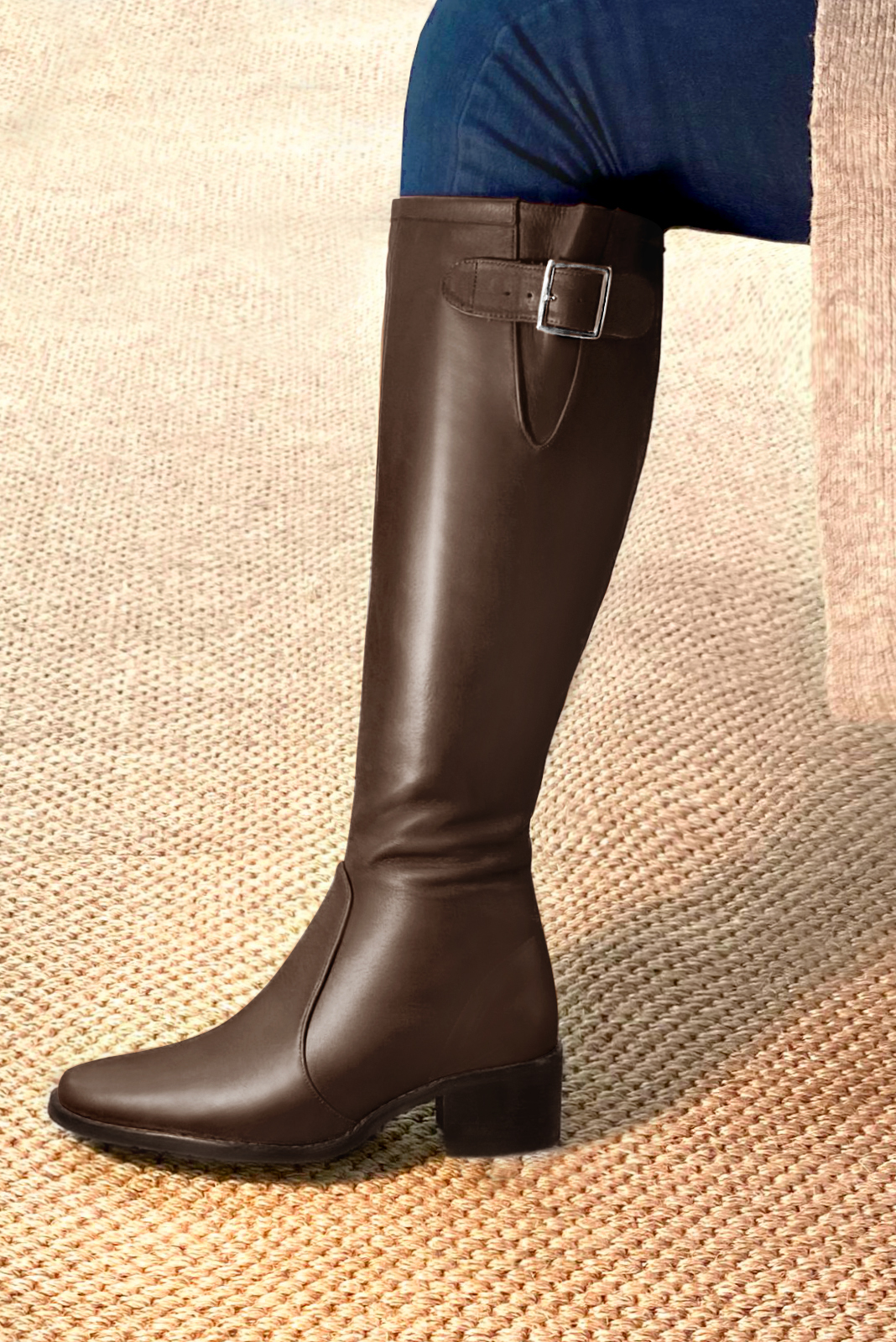 French elegance and refinement for these dark brown knee-high boots with buckles, 
                available in many subtle leather and colour combinations. Record your foot and leg measurements.
We will adjust this pretty boot with inner zip to your leg measurements in height and width.
The outer buckle allows for width adjustment.
You can customise the boot with your own materials, colours and heels on the "My Favourites" page.
 
                Made to measure. Especially suited to thin or thick calves.
                Matching clutches for parties, ceremonies and weddings.   
                You can customize these knee-high boots to perfectly match your tastes or needs, and have a unique model.  
                Choice of leathers, colours, knots and heels. 
                Wide range of materials and shades carefully chosen.  
                Rich collection of flat, low, mid and high heels.  
                Small and large shoe sizes - Florence KOOIJMAN